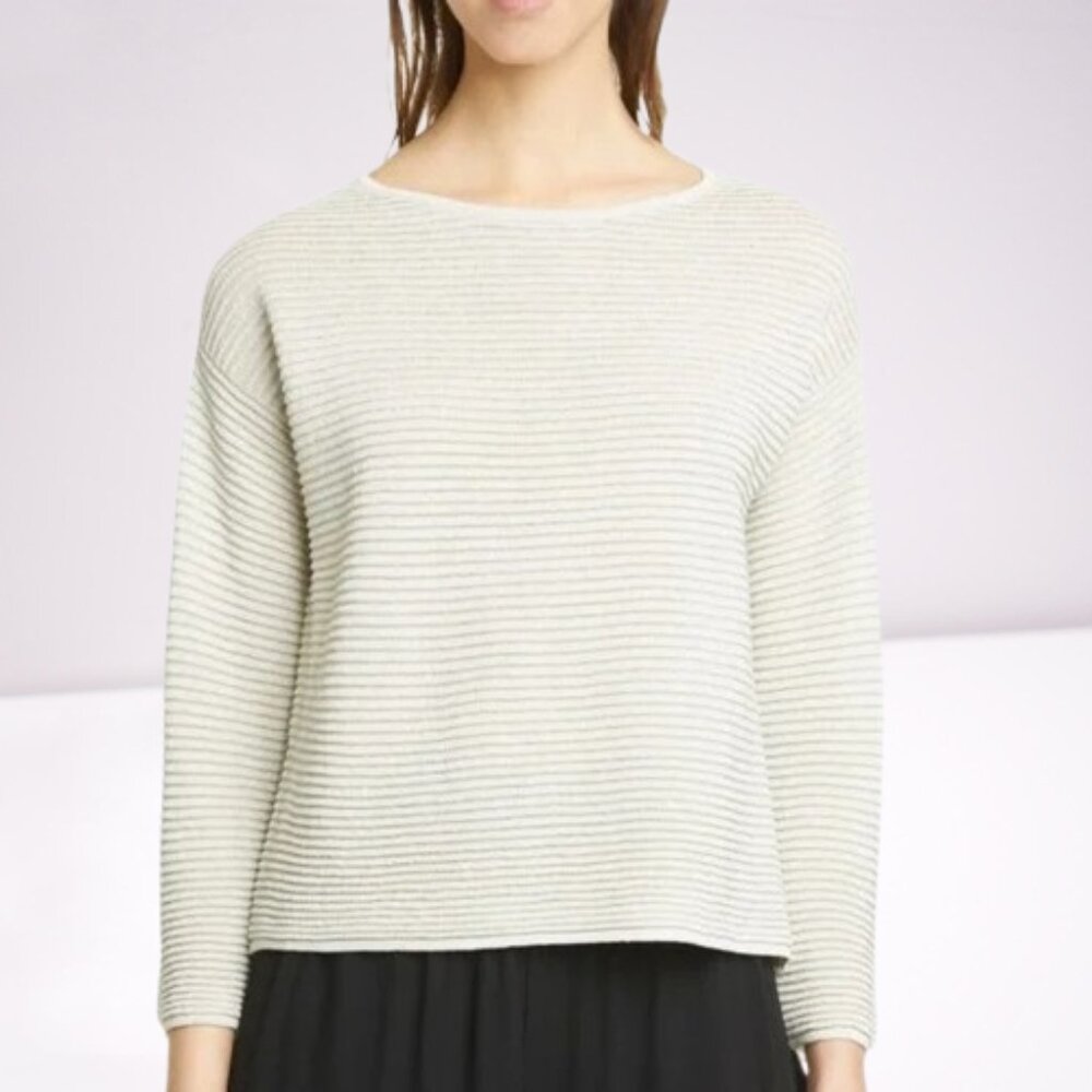 Eileen Fisher NWOT Organic Linen/Metallic Blend Ribbed Boxy Sweater Size L Bone